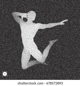 Dancer. 3D model of man. Black and white grainy dotwork design. Stippled vector illustration.
