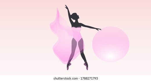 Bailarina con una bola - fondo rosado abstracto - vector. El cartel es horizontal. Tarjeta de visita. Aptitud