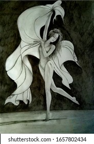 
Dancer, Ballerina girl dancing.vector graphic girl dancing with canvas in hands, ballerina is engaged in studio.