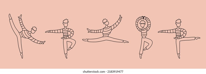 Dancer. Ballet practice. Vector doodle linear set. 