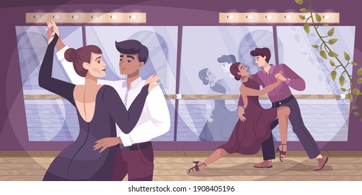 Dancer ballroom flat composition with pair of dancers couple in training room with lights and mirrors vector illustration