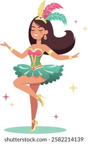 Dancer of Brazilian carnival. woman characters in exotic costumes with feathers dancing latin dances at samba and cabaret, fashion party cartoon vector illustration