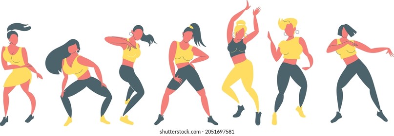 Dancer character design. Cartoon dancers flat illustration. Modern dance styles. Set of dancing people having fun. Collection of female in colorful clothing enjoying dance party. 