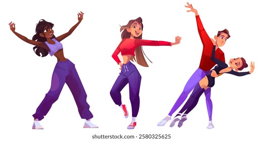 Dancer characters set showing different styles - street dance performer, modern footwork girl, ballet couple performing classical duet. Athletic performers with expressive poses for studio design.