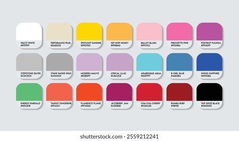 Dancer Color Guide Palette with Color Names. Catalog Samples Dancer with RGB HEX codes and Names. Metal Colors Palette Vector, Metal, Plastic Dancer Color Palette, Fashion Trend Dancer Color Palette