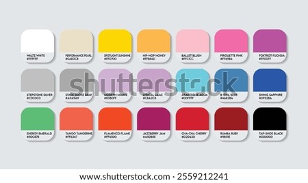 Dancer Color Guide Palette with Color Names. Catalog Samples Dancer with RGB HEX codes and Names. Metal Colors Palette Vector, Metal, Plastic Dancer Color Palette, Fashion Trend Dancer Color Palette