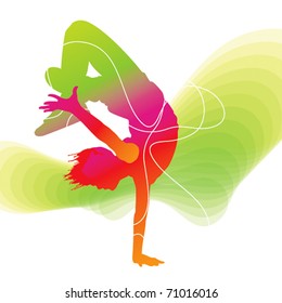 The dancer. Colorful silhouette with lines on abstract background. Vector illustration.