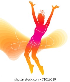 The dancer. Colorful silhouette with lines and sprays on abstract background. Vector illustration.