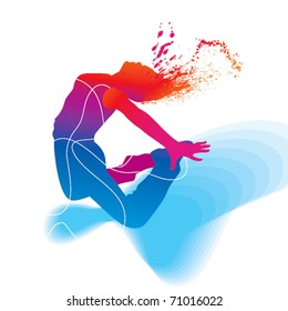 The dancer. Colorful silhouette with lines and sprays on abstract background. Vector illustration.