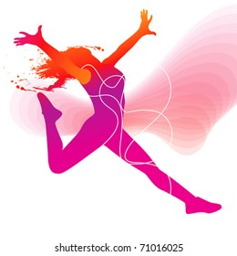 The dancer. Colorful silhouette with lines and sprays on abstract background. Vector illustration.