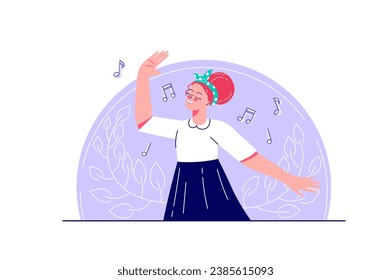 Dancer concept with people scene in the flat cartoon design. The girl listens to music in headphones and dances to the beat of the music. Vector illustration.