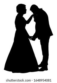 Dancer couple in love vector silhouette isolated.  Dancing man invite woman on dance wedding party. Girl and boy closeness engagement. Gentleman kiss ladies hand. Happy bride and groom. Just married.