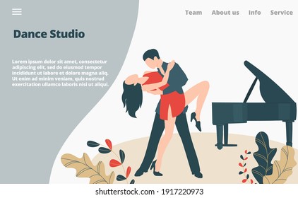 Dancer Tanz moderne Stil, Paar professionelle Künstler Performer Tango, Landing Page Konzept flach Vektorgrafik. Website-Online-Text-Banner, Paar Mann in der Nähe von Klavier.