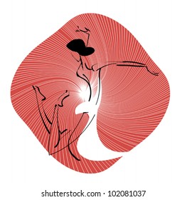 Dancer drawn by  lines on a  background red decorative