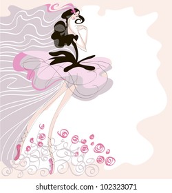 A dancer, dressed in a tutu is shown in motion on a pink background
