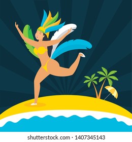 dancer with feathers beach palm brazil carnival celebration vector illustration