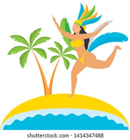 dancer with feathers beach palm brazil carnival celebration vector illustration