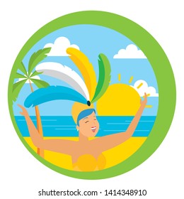 dancer with feathers beach palm brazil carnival sticker vector illustration