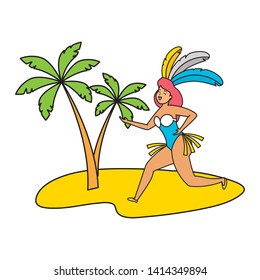 dancer with feathers beach palm brazil carnival celebration vector illustration