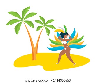 dancer with feathers beach palm brazil carnival celebration vector illustration