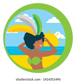 dancer with feathers beach palm brazil carnival sticker vector illustration