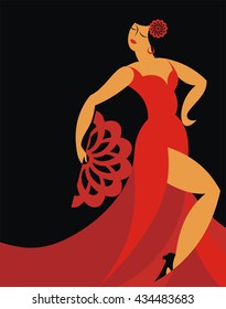 the dancer of a flamenco in a red dress on a black background