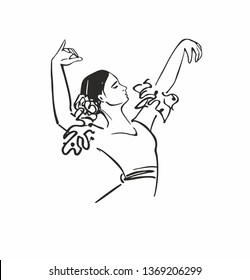 dancer flamenco to the waist with their hands in the hand-drawn black and white line graphics for adverts and posters