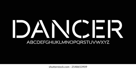 Dancer, futuristic geometric alphabet, minimalist block font with cutout space, bold modern typography, innovative digital font design, monogram, headline, logo. Vector typeset