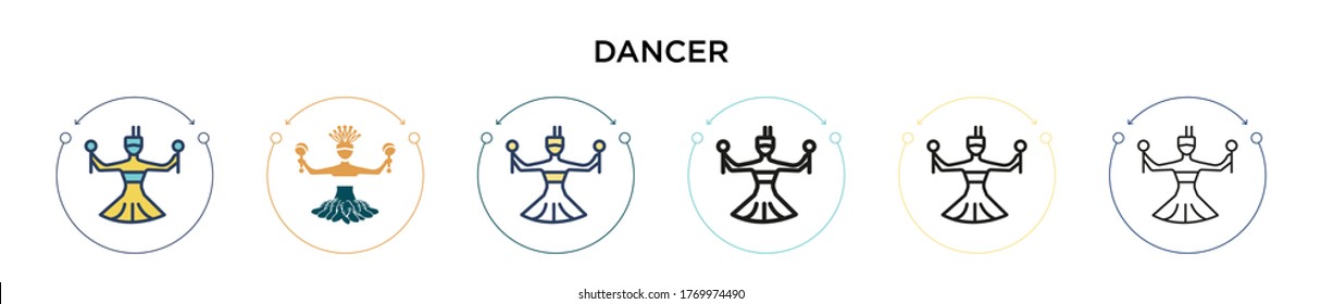 Dancer icon in filled, thin line, outline and stroke style. Vector illustration of two colored and black dancer vector icons designs can be used for mobile, ui, web