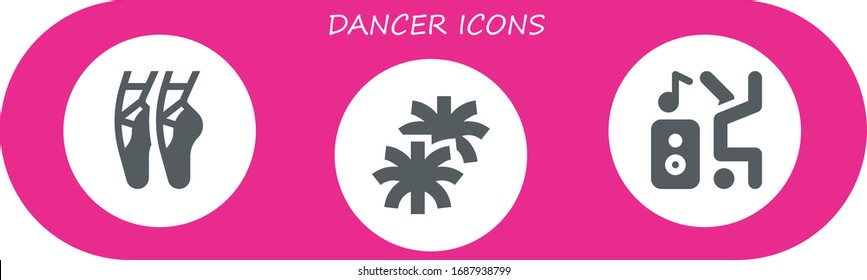 dancer icon set. 3 filled dancer icons. Included Ballet, Pom pom, Dancer icons