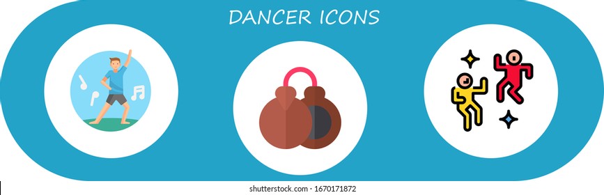 dancer icon set. 3 flat dancer icons.  Simple modern icons such as: dancing, castanet, dance