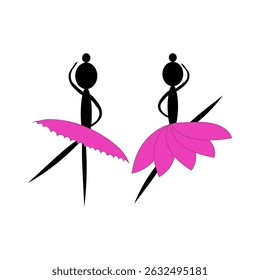Dancer icons. Pink skirt figures. Black silhouette pair. Vector motion symbol.