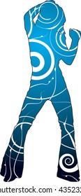 Ilustración bailarina con un tema floral sobre un fondo azul de dos tonos