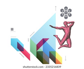 Dancer jumping. Gymnastics activities for icon health and fitness community. Sport symbol. Art composition. Transparency geometrical background. Cover design template. 3D vector illustration.