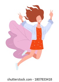 Dancer jumping and performing emotional dance. Teenage girl and decorative foliage, active lifestyle or hobby. Performer wearing stylish clothes, partying and clubbing woman, vector in flat style