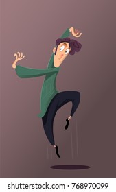 Dancer jumps into the air and holds strange and fun pose. Vector