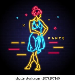Dancer Lady Neon Light Glowing Vector Illustration. Woman Silhouette Neon Icon Light Bright