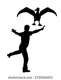 Hombre bailarín que baila con la silueta del Vector del amigo de la gaviota aislada. Evzone bailando danza tradicional folclórica. Grecia balcánica sirtaki, sirtaki. Hombre feliz extendió los brazos contra albatros extendió las alas del pájaro.