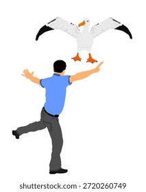 Homem dançarino dançando com gaivota amigo ilustração vetor isolado. Dança folclórica tradicional do Evzone. Balkan Grécia sirtaki, syrtaki Homem feliz estendeu braços contra albatroz espalhou asas pássaro.