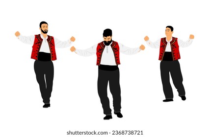 Dancer man play hasapiko vector illustration isolated on white. Greek Evzone dancing. Traditional folk dance kolo. Vintage dress, Balkan Greece folklore. Sirtaki, syrtaki . Wedding dance happy people.