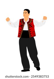 Bailarín hombre juego hasapiko Ilustración vectorial aislada en blanco. Bailes griegos de Evzone. Danza tradicional kolo. Antiguas dress, folclore balcánico de Grecia. Sirtaki, sirtaki. Danza de la boda gente feliz.