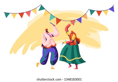 Dancer Man and Woman Dancing on Ceremony. Dance Performance on Indian Festival. Performer in Traditional Asian Clothing. Performing at National Cultural Show. Flat Cartoon Vector Illustration