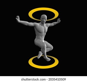 Dancer in mid-air with arms out to the side. Sport symbol. Design element. Voxel art. 3D vector illustration.