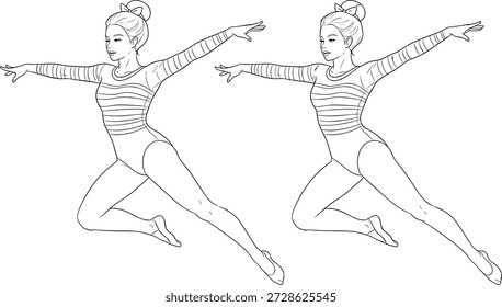 Dancer mid-leap illustration, striped leotard pose, black and white vector, graceful motion, ballet movement, expressive form, athletic elegance, line art sketch.