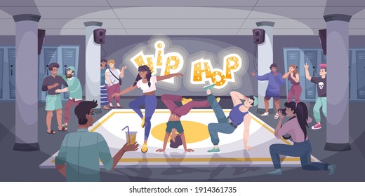 Dancer modern flat composition with group of hip hop dancers performing at indoor event with audience vector illustration