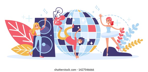 Dancer occupation. Ballet and break dance. Proffesional ballerina stand in pose. Performance on the stage. Isolated vector illustration in cartoon style