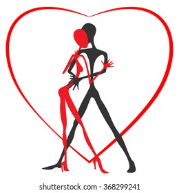 Dancer on the background of the heart. Dance of love. St. Valentine's Day. Cartoon. Flat. Stylization. Avant-gardism.