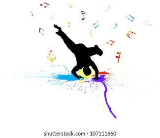 Dancer on a grunge background with notes. Vector illustration.