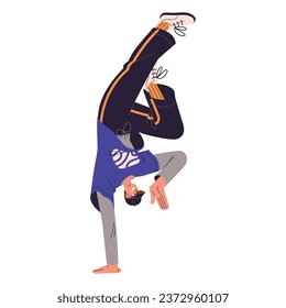 Dancer perform breakdancing, contemporary motions. Young man in hiphop pose handstand. Modern performer in cap dance break. Freestyle street performance. Flat isolated vector illustration on white svg