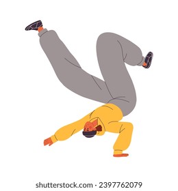 Dancer perform breakdancing. Young man dance in contemporary style. Modern performer in beanie hat in hiphop pose handstand. Freestyle street performance. Flat isolated vector illustration on white